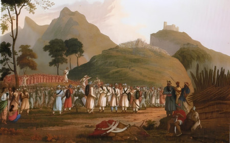 नेपाल र ब्रिटेनबीच सन् १८१४ को निर्णायक युद्ध चलिरहँदा स्कटिस लेखक तथा चित्रकार जेम्स बेइली फ्रेजर युद्धस्थल भ्रमण गर्न आएका थिए। फ्रेजरले त्यही भ्रमणका आधारमा गोर्खाली फौज लडाइँका लागि संगठित हुँदाको अवस्था चित्रण गर्दै बनाएको पेन्टिङ।