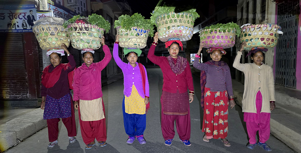 दाङको घोराही उपमहानगरपालिका–१७ स्थित कर्झाहीबाट करिब चार किलोमिटर टाढा घोराही बजारमा आज बिहान तरकारी बिक्री गर्न आएका थारू महिला। गाउँमा सङ्कलन केन्द्र नभएको र सबै खपत पनि नहुने हुँदा किसान हरेक दिन यसैगरी गैजामा तरकारी बोकेर बजारमा बिक्री गर्न आउने गर्छन्। तस्बिरः कुलदीप न्यौपाने/रासस