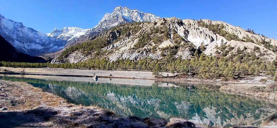 अन्नपूर्ण पदमार्ग अन्तर्गत मनाङ ङिस्याङ गाउँपालिका-४ हुम्डेस्थित किलिन लेक र लेक(ताल) मा देखिएको अन्नपूर्ण दोस्रो हिमालको छाया। तस्बिर: नवीन लामिछाने/रासस