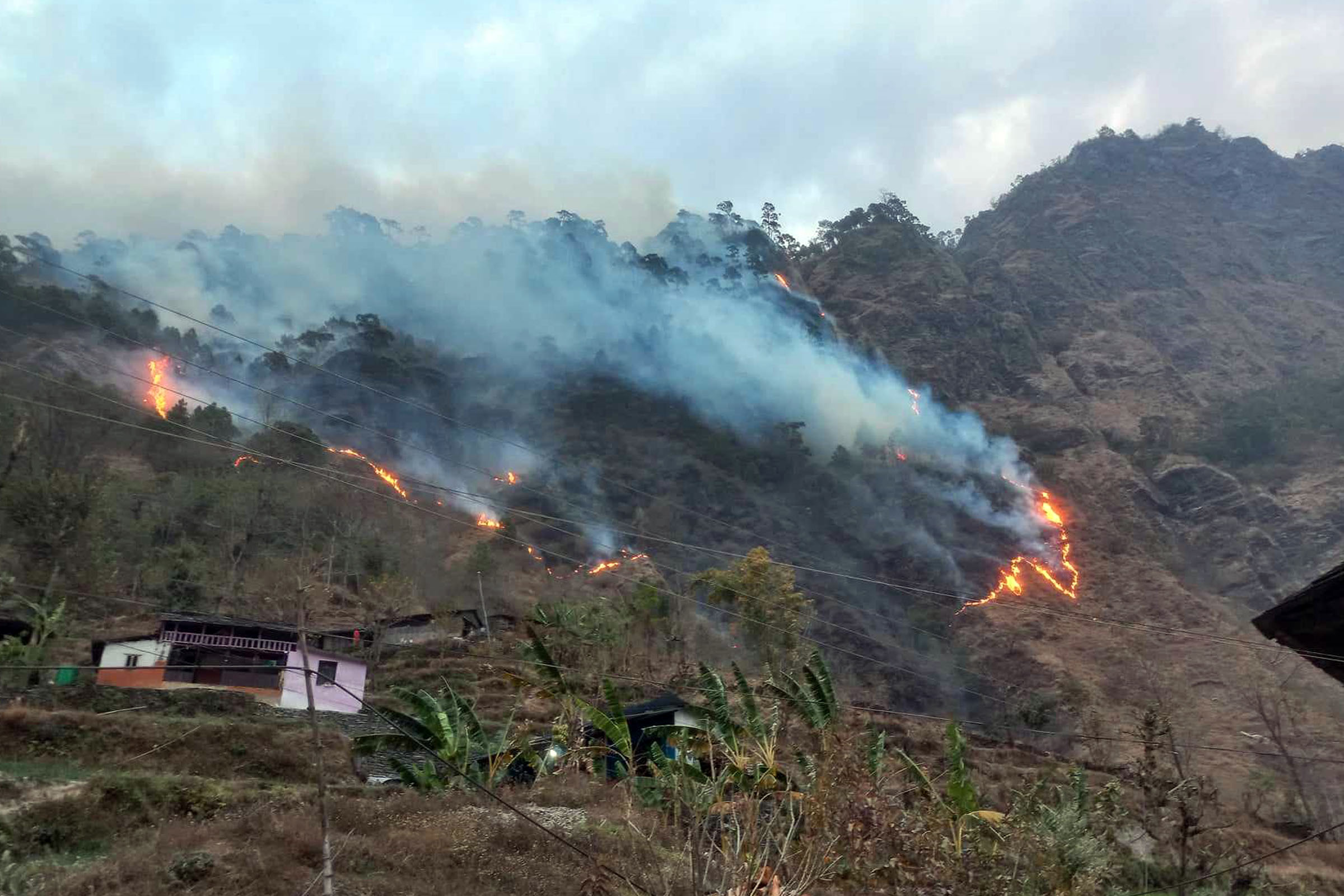 म्याग्दीको मालिका गाउँपालिका वडा नं ६ मा पर्ने उपल्लो दरबाङको गगनेपानी सामुदायिक वनमा (हिजो) बिहीबार साँझदेखि भएको डढेलो। तस्बिरः ध्रुवसागर शर्मा/रासस