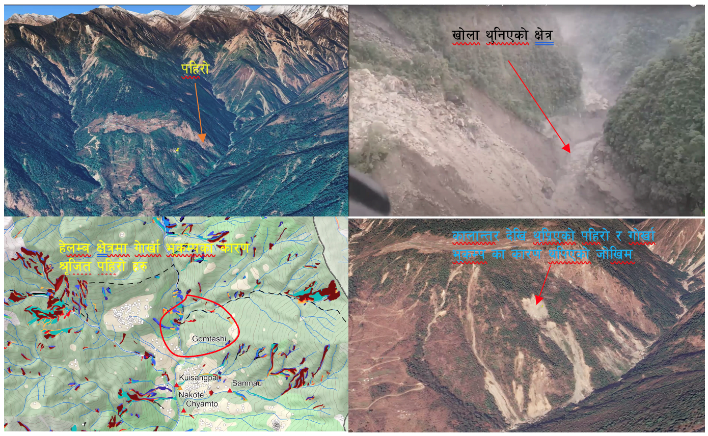 हेलम्बु क्षेत्र र गोर्खा भूकम्पको कारण श्रृजित पहिरो तथा चिराहरु र पहिरोको कारण हाल थुनिएको खोला क्षेत्र।  (चित्र श्रोतः सजग कार्यक्रम)