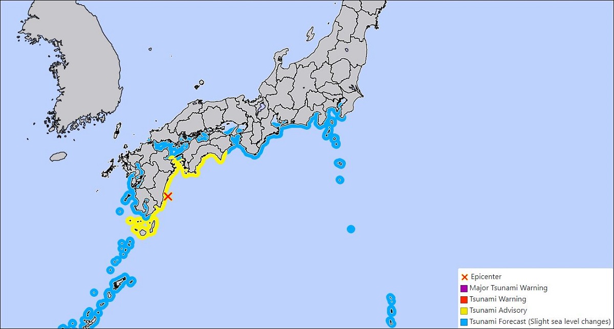 तस्बिर जापानको मौसम विज्ञान एजेन्सीको वेबसाइटबाट। रातो क्रस रहेको ठाउँलाई केन्द्रविन्दु बनाएर भूकम्प गएको थियो भने पहेँलो रंग भएको ठाउँहरूमा सुनामी आउनसक्ने चेतावनी रहेको छ।